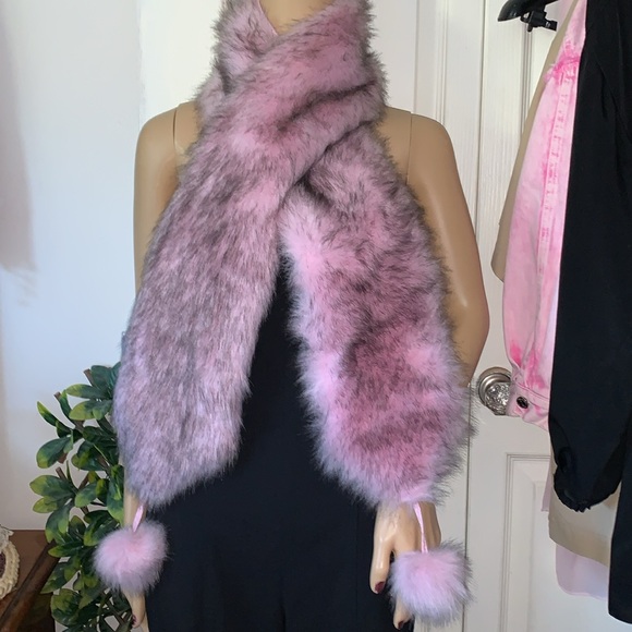 pink black Y2K vintage vegan FLUFFY fox fur pom pom wrap scarf - Picture 4 of 8